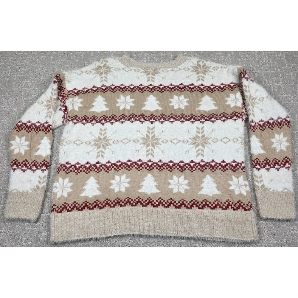 Holiday Time Christmas Winter‎ Holiday Sweater Fuzzy Snowflake Tan Red White XL